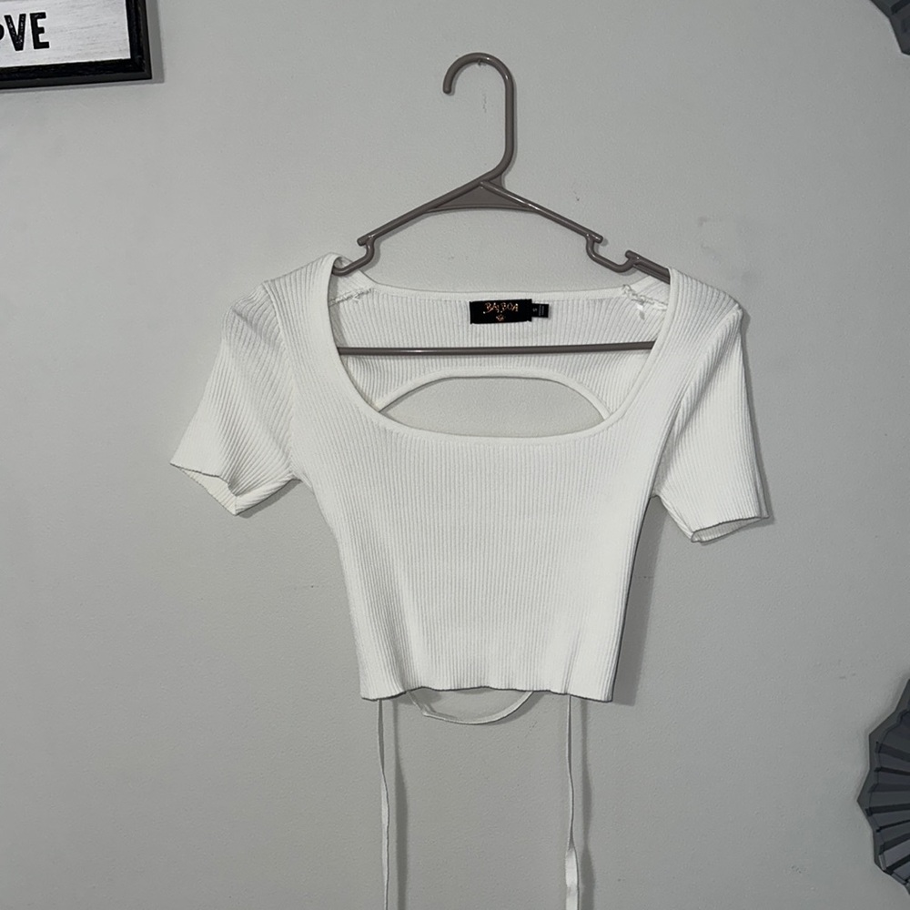 white open back cropped top